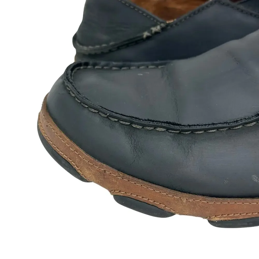 OluKai Moloa Slip On Loafer Black Leather Grip Sole Shoe